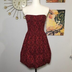 Vintage 00s Forever 21 Red Black Damask Print Strapless Bubble Hem Mini Dress